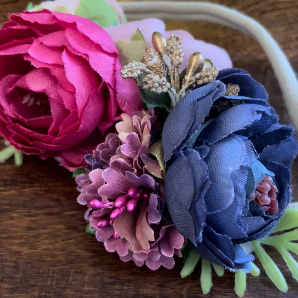 Floral headband w/ flowers magenta pink gold blue purple lavender green lilac